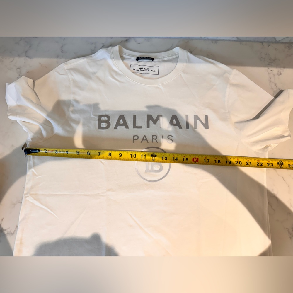 Balmain White Short Sleeve Logo Tee with Gray Print - Picture 4 of 5
